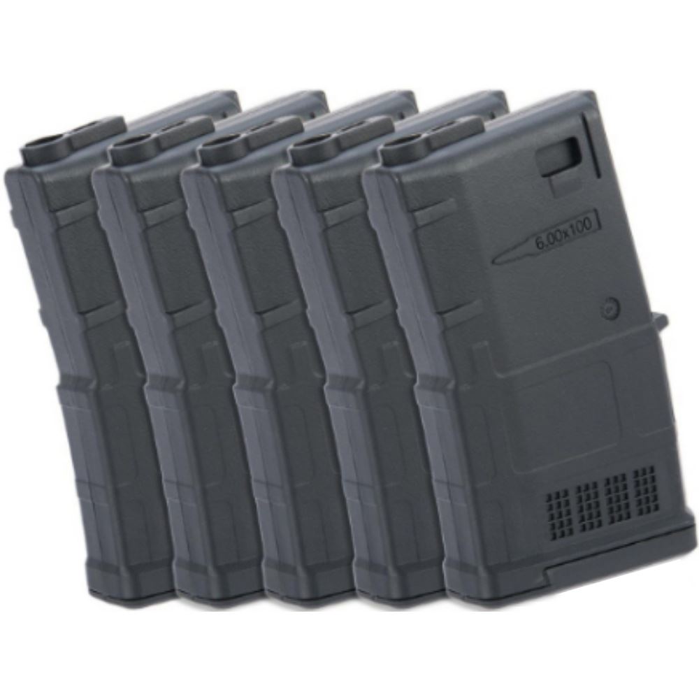 Upgrade your airsoft arsenal with ARES Mid-Cap Magazines. Pack of 5, 100/130rd capacity. High-strength polymer, ruggedized design, and reliable feeding. Opt for realism at ReplicaAirguns.ca.
