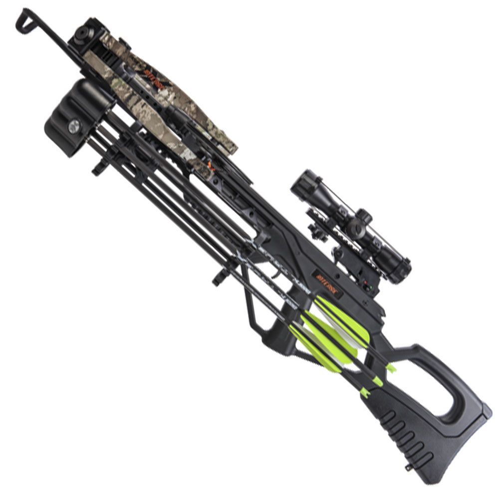 Experience exceptional power with the Bear X Intense crossbow, delivering speeds up to 400 feet per second. Get 3 Bear X TrueX arrows, an illuminated scope, 4-arrow quiver, cocking rope, and rail lube. Order now from ReplicaAirguns.ca!