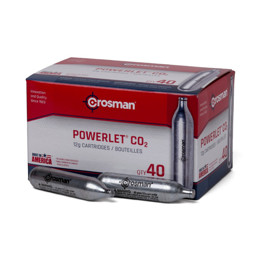 Genuine Crosman Powerlet 12-gram CO2 cartridges for reliable gas-powered gun performance. 40-count pack available.