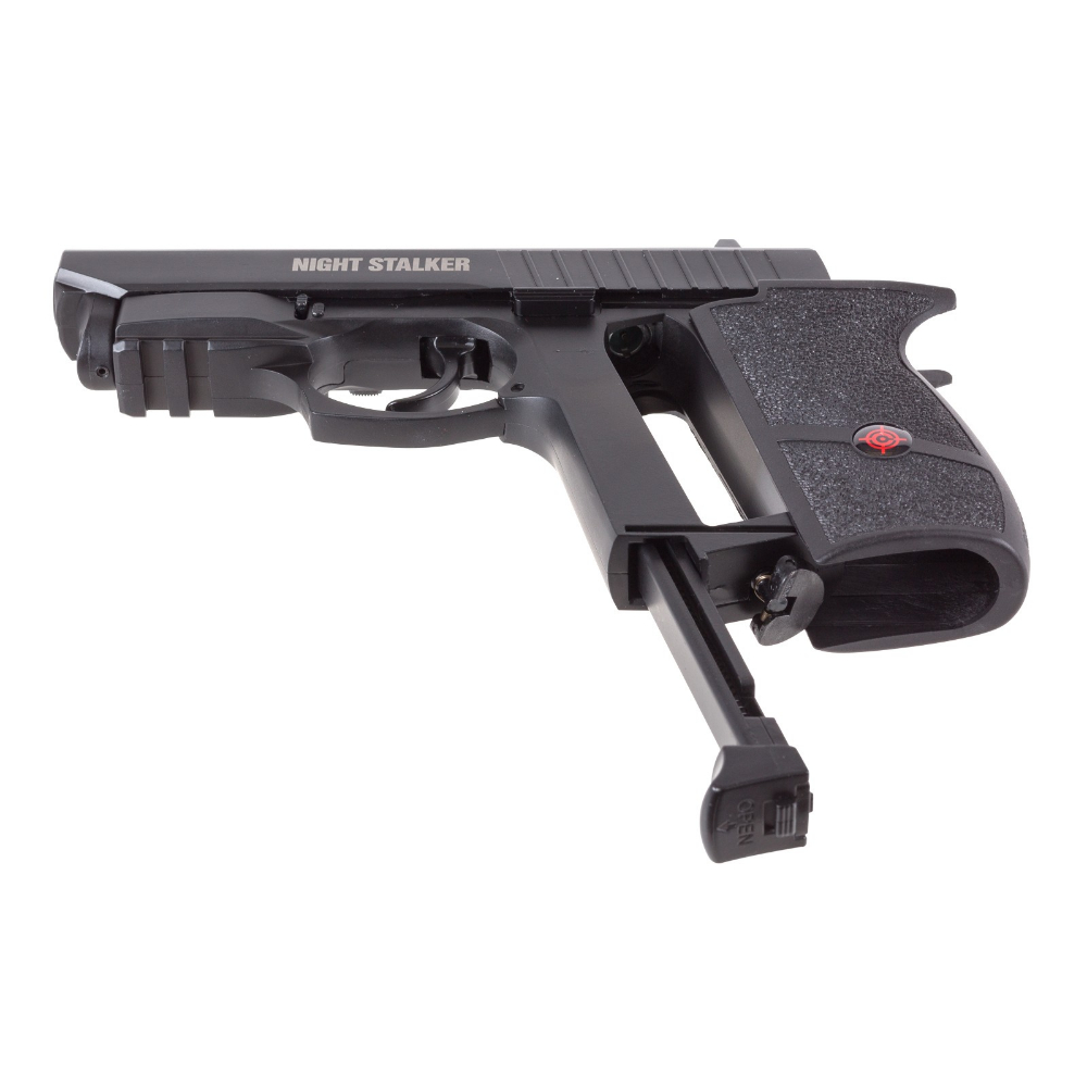 Discover the Crosman Night Stalker CO2 BB Pistol, shooting at 420 FPS with realistic build, blowback action, and integrated laser for accurate targeting at ReplicaAirguns.ca.