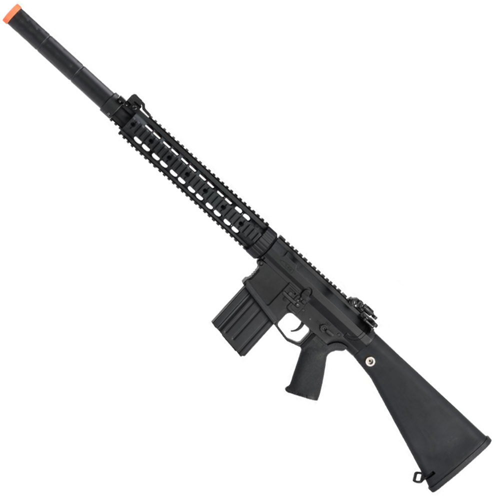 Explore the CYMA SR25 Airsoft AEG Rifle with precision, power, and versatility. Equipped with a metal alloy receiver, free float M-LOK handguard, and TM compatible Ver. 2 gearbox.