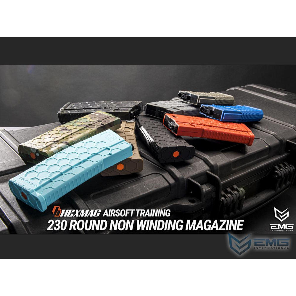 Upgrade your AR AEG with the EMG Hexmag Airsoft Magazine. High-strength nylon construction, improved follower, and unique hexagon pattern for enhanced grip. Licensed Hexmag with 230rds capacity. Buy now on ReplicaAirguns.ca.