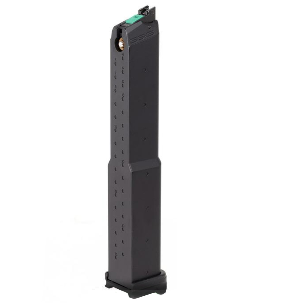 Enhance your shooting experience with the G&G GTP9 / SMC9 Green Gas Magazine in black. Compatible with G&G GAS Pistol GTP9 / SMC9, it holds 50 rounds, crafted from durable metal. Get yours at ReplicaAirguns.ca.