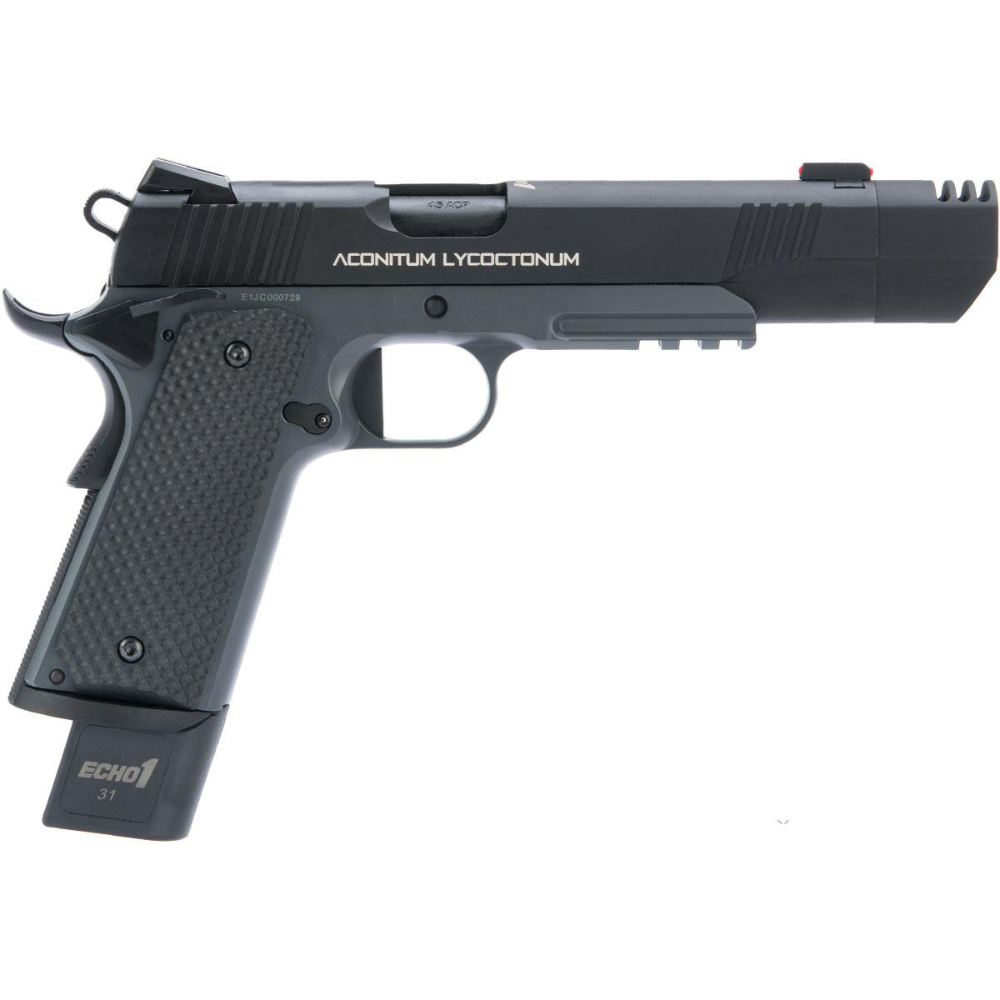 Enhance your airsoft game with the Echo1 Wolfsbane M1911 GBB Pistol. Gas Blowback, 300-320 FPS, metal slide and frame, vented barrel compensator, and 31-round extended magazine. Realistic blowback and ambidextrous safety. Get it at ReplicaAirguns.ca.