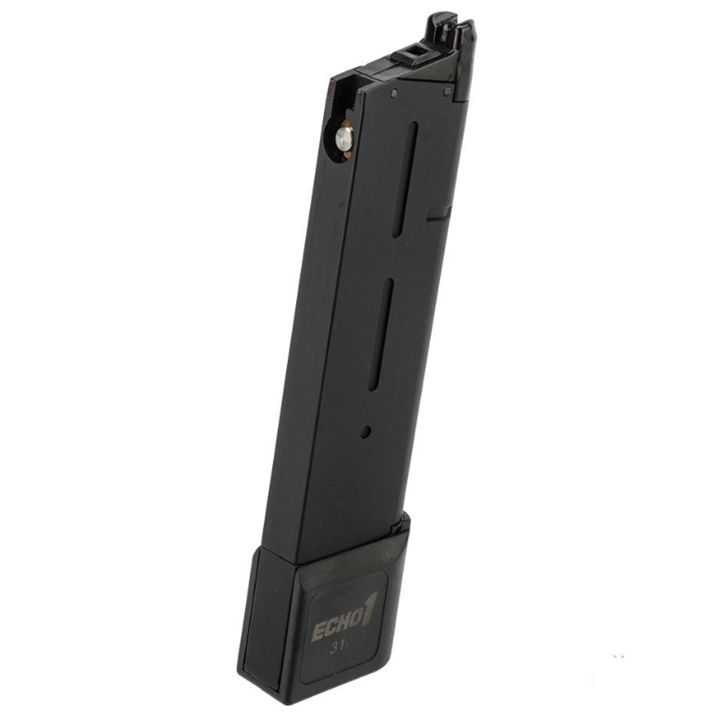 Enhance your airsoft game with the Echo1 Wolfsbane M1911 Gas Pistol Magazine. Compatible with Wolfsbane M1911 Gas Pistol, 31-round capacity, powered by green gas. Heavyweight construction with a matte black finish. Get it at ReplicaAirguns.ca.