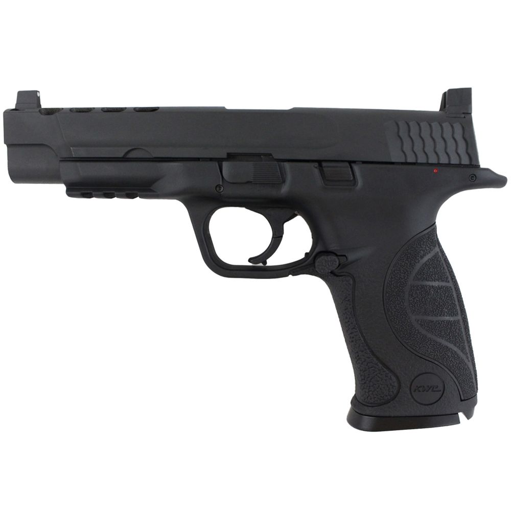 Step into the world of precision with the KWC M&P 40 Extended Barrel CO2 Airsoft Pistol. This realistic replica features an extended ported metal slide, adjustable white dot sights, and a powerful blowback system.