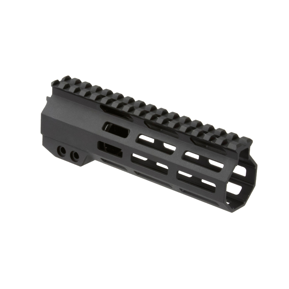 Discover the black hard-coat anodized aluminum AR-15 M-LOK free-float handguard by Aim Sports. This ultra-light handguard features anti-rotation tabs, rows of M-LOK mounting surface, and a streamlined 1913 Picatinny top rail.