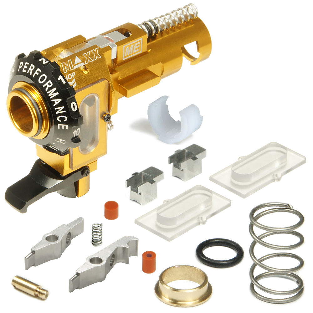 Enhance accuracy with CNC Aluminum Hopup Chamber ME Pro for Tokyo Marui M4 AEG. Fine hopup adjustments, designed for R-hop, and compatible with various buckings