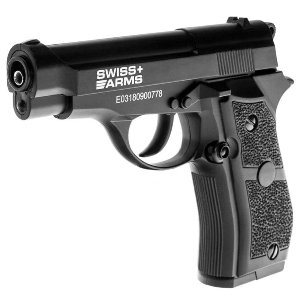 Explore the Swiss Arms 4.5mm BB Pistol at ReplicaAirguns.ca. Durable full metal construction, semi-auto firing, and detachable 20-round magazine. CO2 cartridges not included.