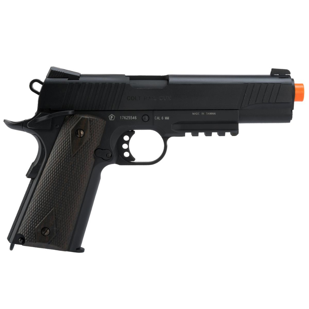 Explore the realism of the Colt 1911 Rail Gun Airsoft Pistol by Cybergun. Full metal construction, crisp blowback action, and adjustable hop-up. Available at ReplicaAirguns.ca.