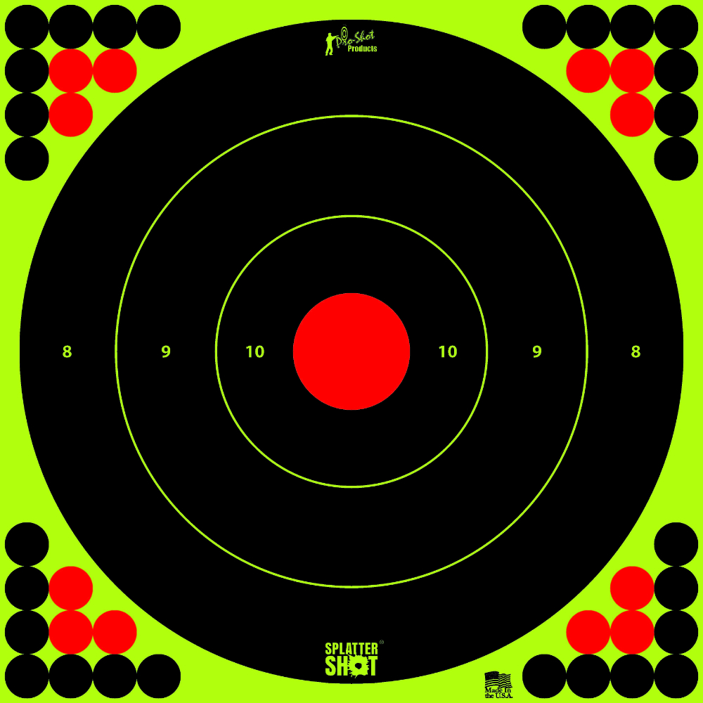 Improve shooting visibility with Pro-Shot Splatter Targets. 17.25" bullseye, pack of 5, revealing bright green color rings on impact. Self-adhesive and includes 28 black/12 red target pasters for extended use.