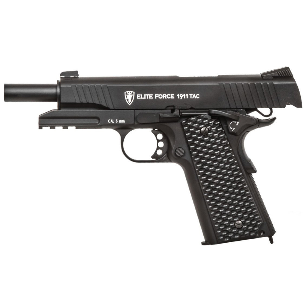 Elite Force 1911 TAC CO2 Airsoft Pistol with full metal body, realistic blowback, and threaded barrel, ideal for field play and CQB