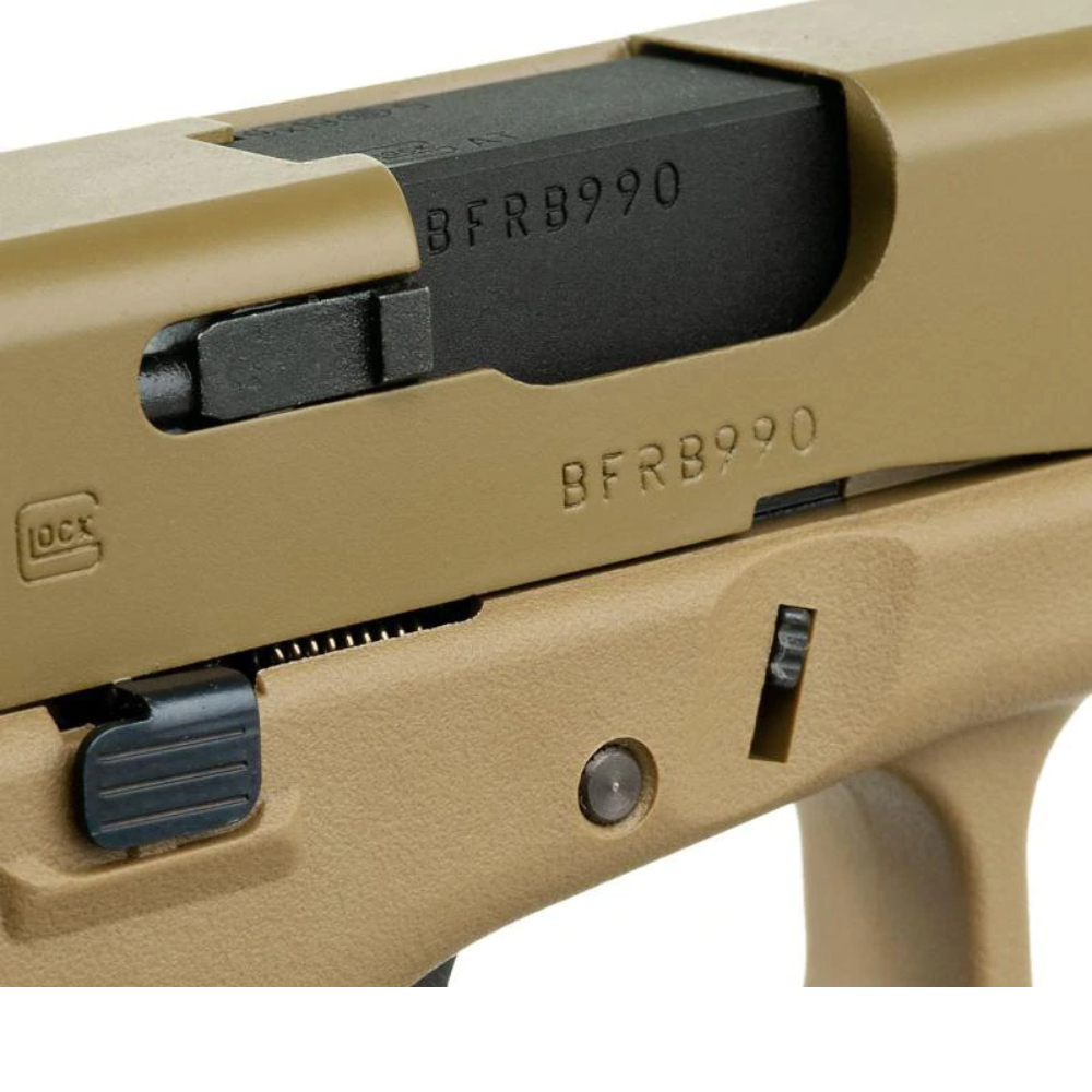 Explore the realism of the VFC Glock 19X GBB Airsoft Pistol. Tan color, 370 FPS, 24rd magazine, and realistic blowback action. Fully licensed by Glock with adjustable hop-up. Buy now at ReplicaAirguns.ca.