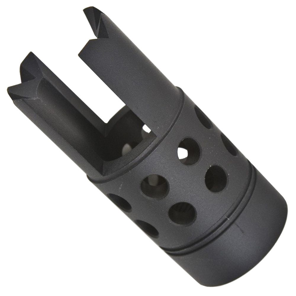 "Medusa Flash Hider for airsoft rifles. Steel construction, rebar cutter style. Covert matte black finish. Compatible with 14mm CCW threaded barrels.