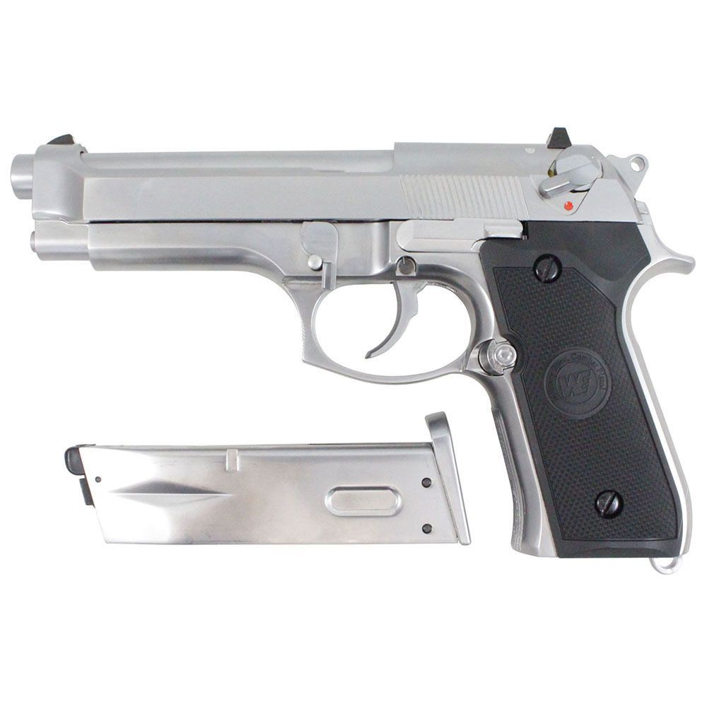 WE M92 Chrome Full-Auto GBB Airsoft Pistol | ReplicaAirguns.ca