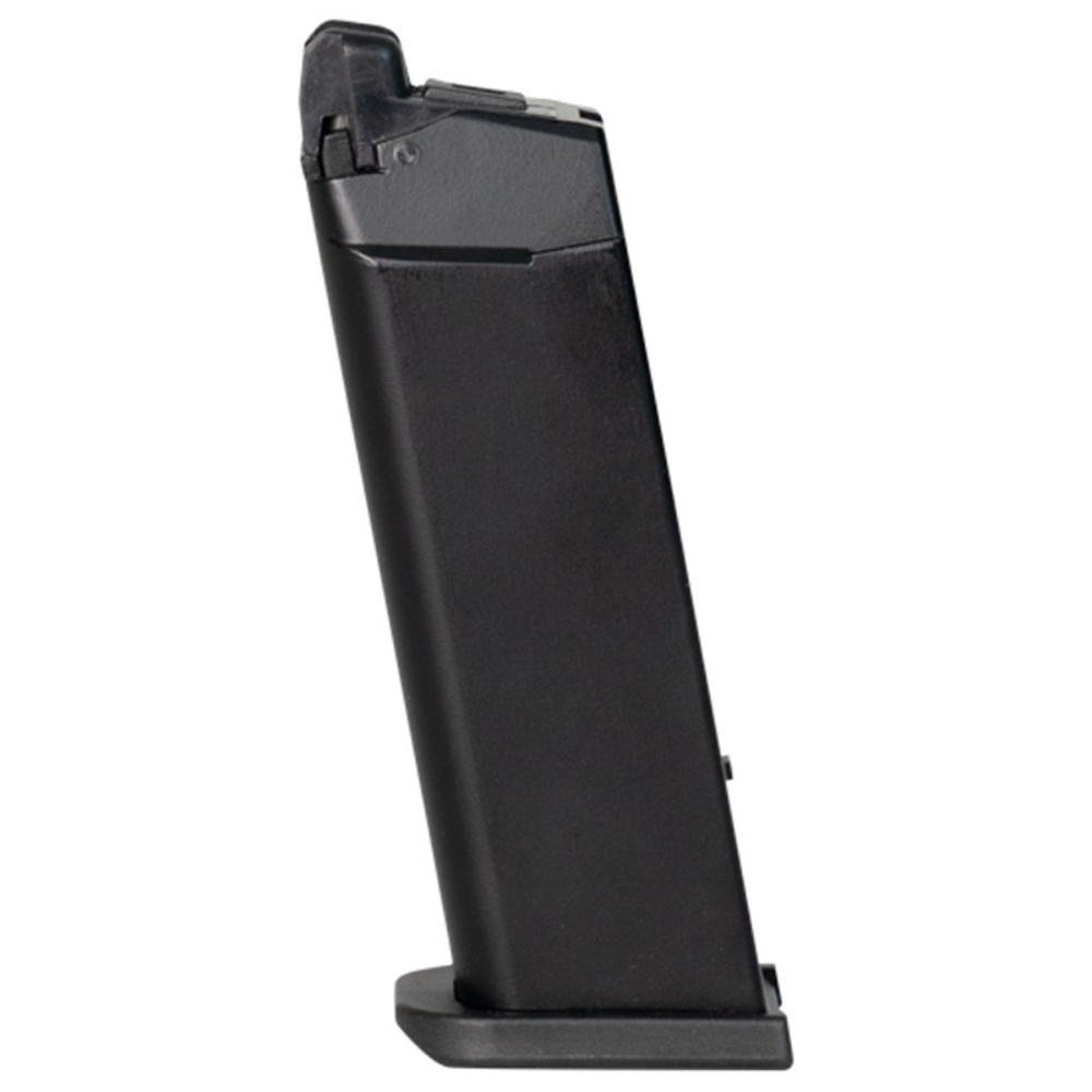 Upgrade your airsoft game with the WE Airsoft Gen5 G19 Series 20-Round Magazine in black. Sturdy metal construction with a polymer base plate. Available at ReplicaAirguns.ca.