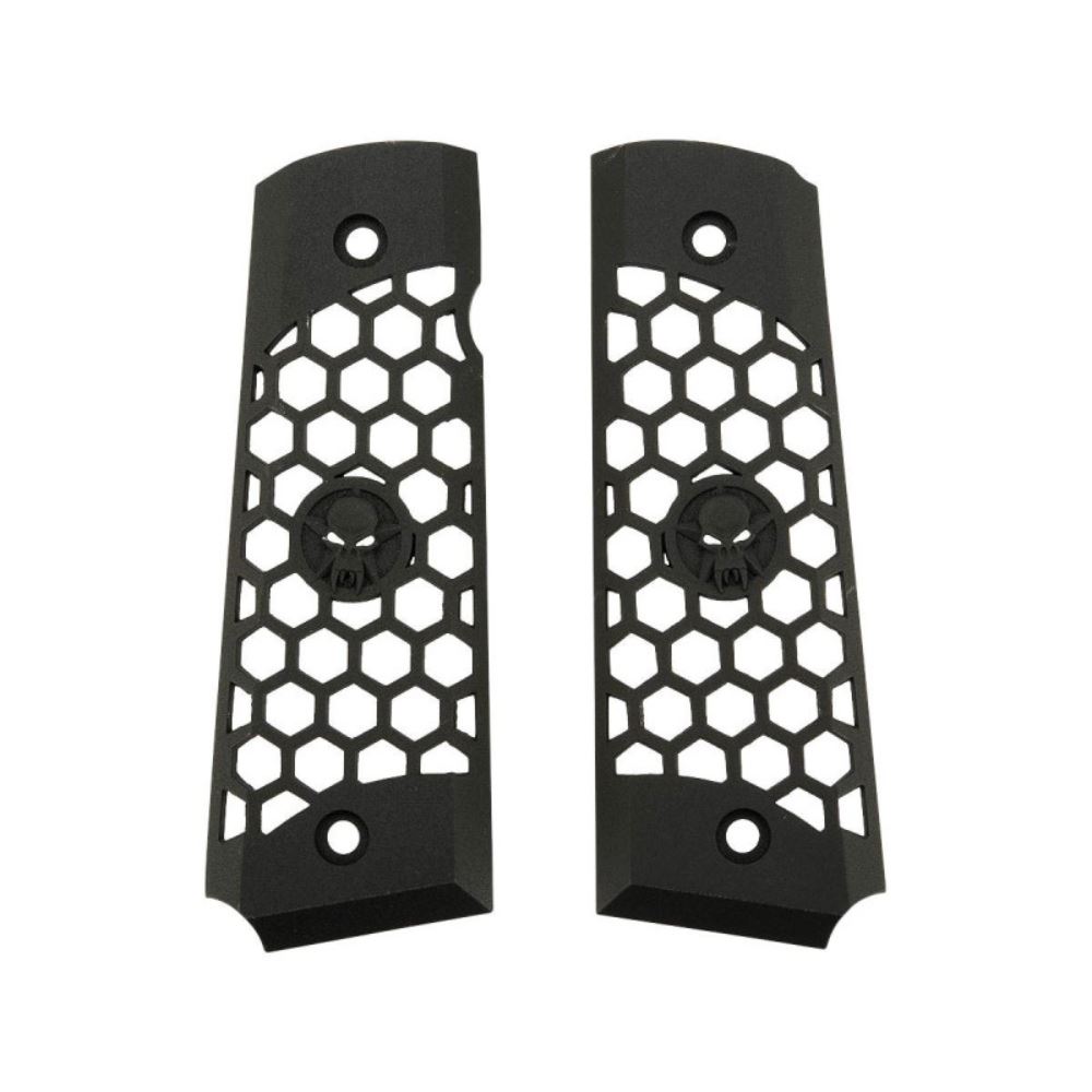 Upgrade your pistol grip with the WE Airsoft CNC Machined Aluminum Grip. Durable, aggressive hex pattern, matte finish. Compatible with all WE-Tech, Tokyo Marui, and GBB Airsoft 1911 series pistols. Buy now.