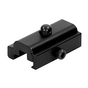 Matte black aluminum alloy Harris bipod adaptor shown mounted on a Picatinny rail, displaying the secure locking mechanism and durable construction