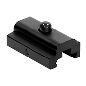 Matte black aluminum alloy Harris bipod adaptor shown mounted on a Picatinny rail, displaying the secure locking mechanism and durable construction