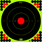 Improve shooting visibility with Pro-Shot Splatter Targets. 17.25" bullseye, pack of 5, revealing bright green color rings on impact. Self-adhesive and includes 28 black/12 red target pasters for extended use.