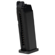 Upgrade your airsoft game with the WE Airsoft Gen5 G19 Series 20-Round Magazine in black. Sturdy metal construction with a polymer base plate. Available at ReplicaAirguns.ca.