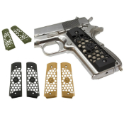 Upgrade your pistol grip with the WE Airsoft CNC Machined Aluminum Grip. Durable, aggressive hex pattern, matte finish. Compatible with all WE-Tech, Tokyo Marui, and GBB Airsoft 1911 series pistols. Buy now.